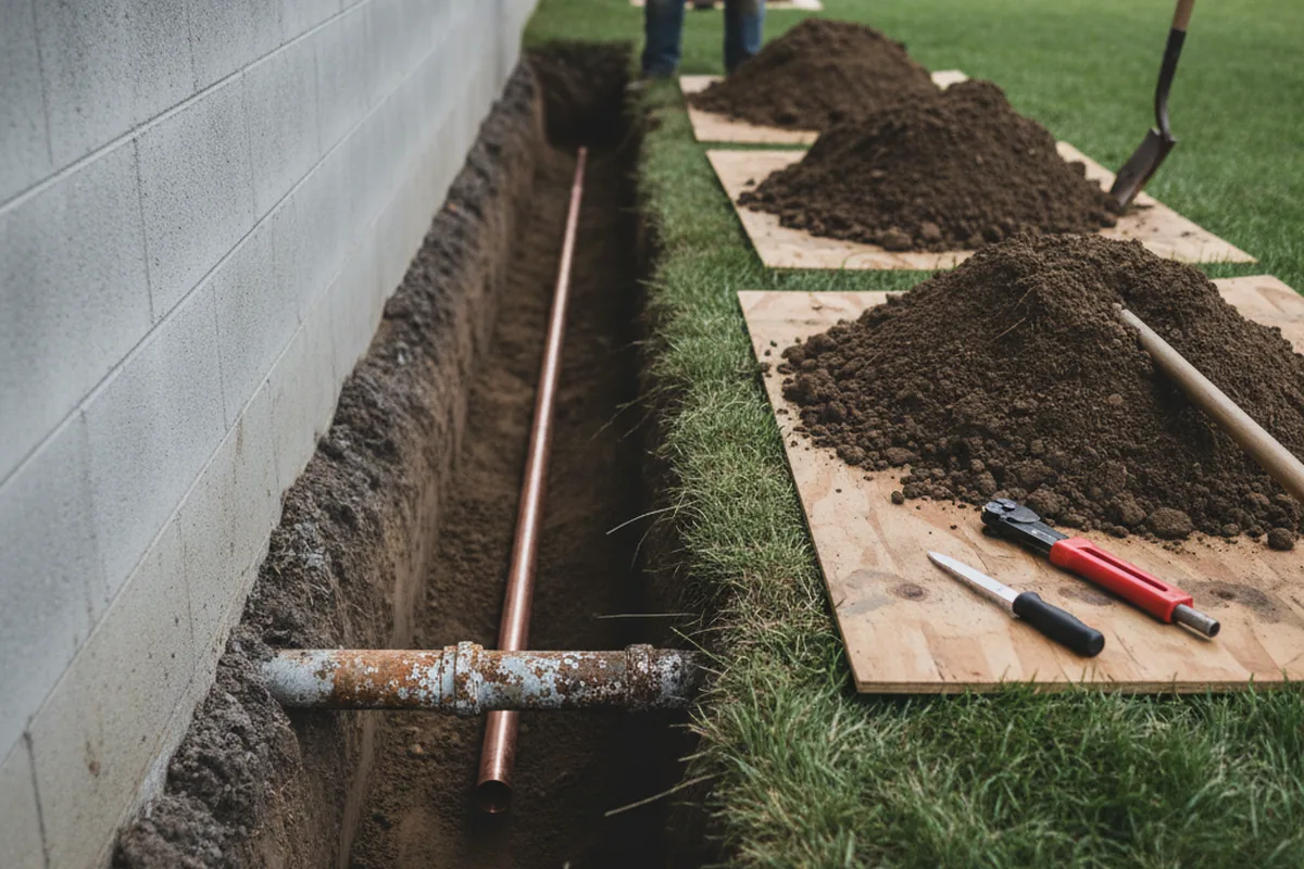 Excavated water line trench during Water Softener Installation in Big Creek
